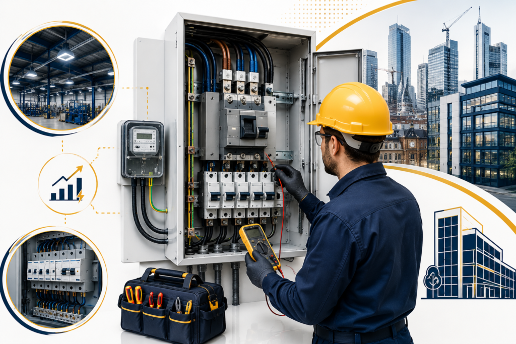 "Professional electrician carrying out a commercial electrical load upgrade in Manchester by testing and upgrading a high-capacity three-phase distribution board with industrial electrical equipment, modern office buildings, and commercial facilities in the background. No text."