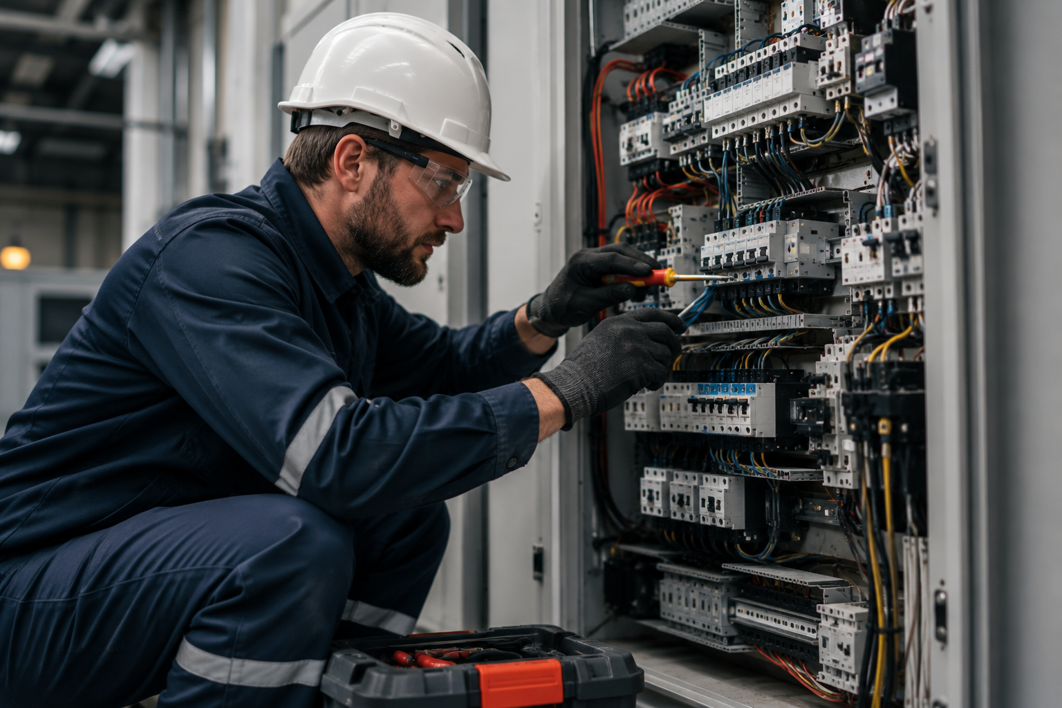 Commercial electrician carrying out electrical repairs and maintenance on a commercial distribution board, inspecting wiring and components while wearing full PPE in an industrial facility.