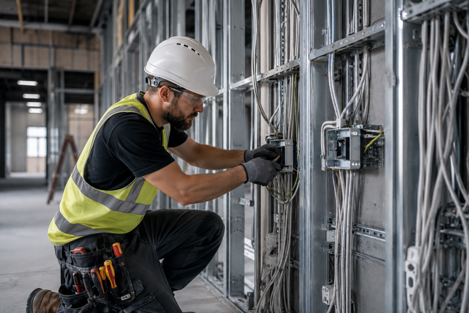 Commercial electrician carrying out a commercial rewiring and electrical upgrade, installing new wiring and electrical systems in a modern commercial building under construction.