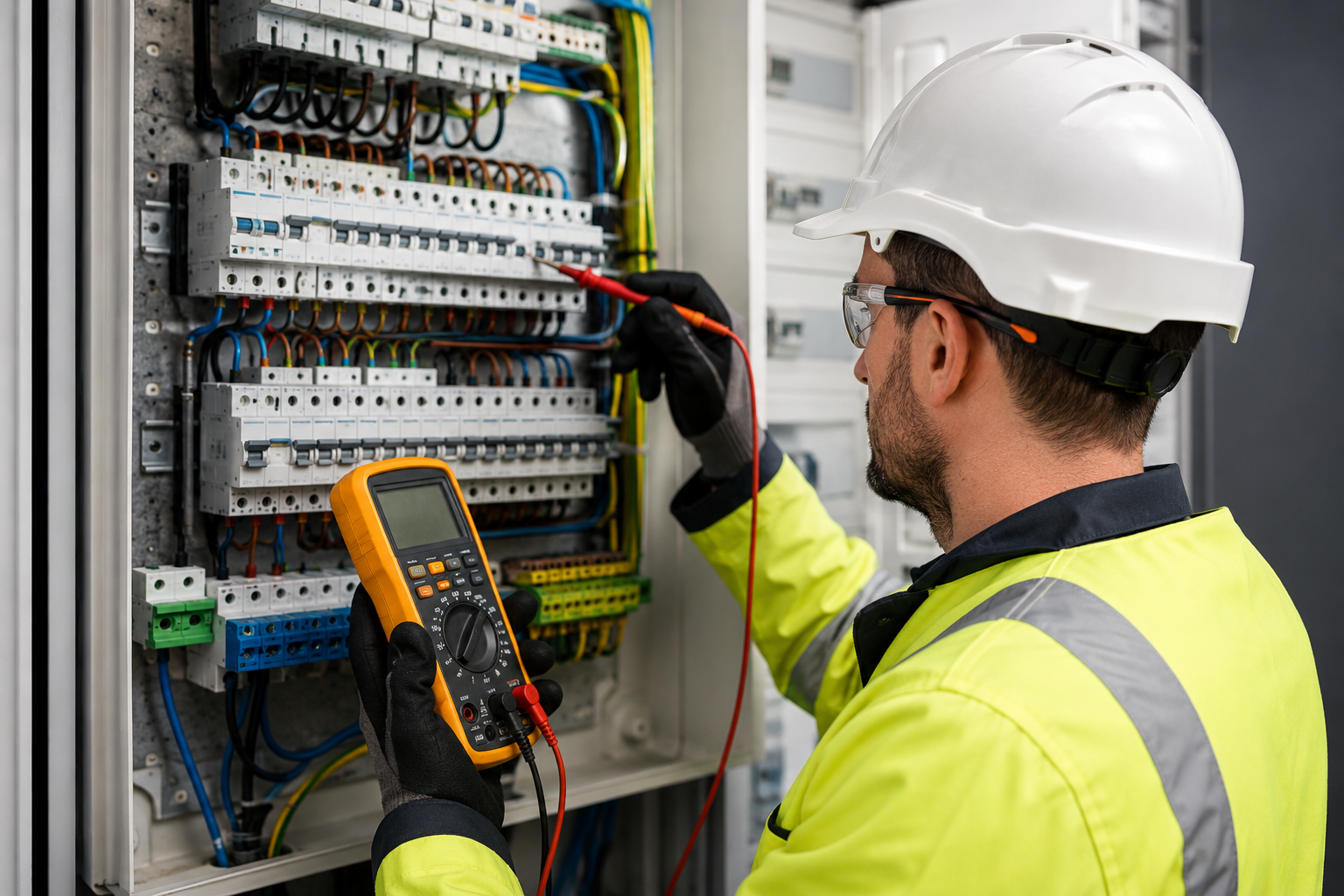 Professional electrician carrying out electrical testing and compliance checks on a commercial electrical distribution board using a digital multimeter while wearing appropriate PPE in a modern industrial environment.
