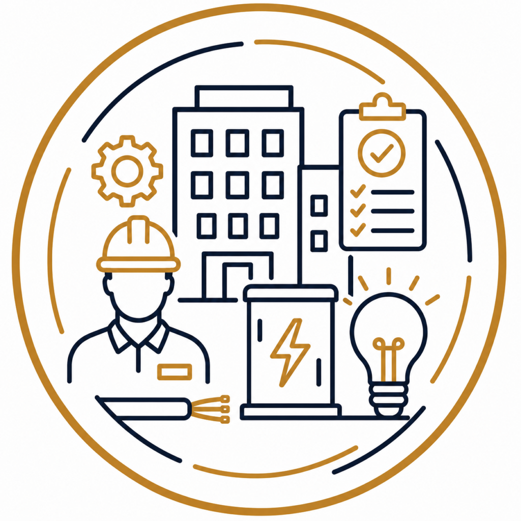 Commercial electrical installations icon featuring a commercial building, qualified electrician, electrical panel, checklist, lighting, and gear, representing safe and compliant electrical services.