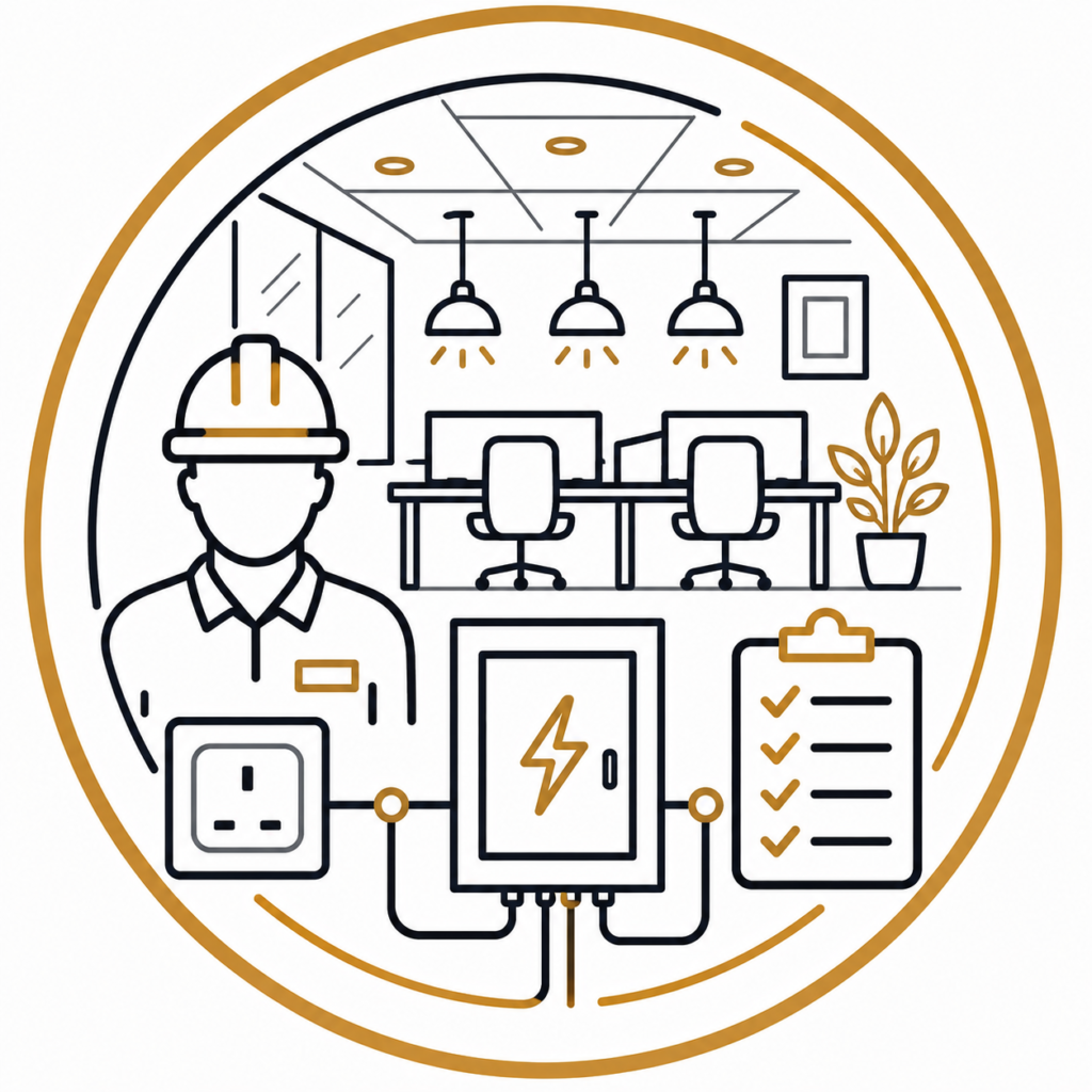Office electrical fit-outs icon featuring an electrician, office workspace, electrical panel, lighting, sockets, and compliance checklist, representing professional office electrical installation services.