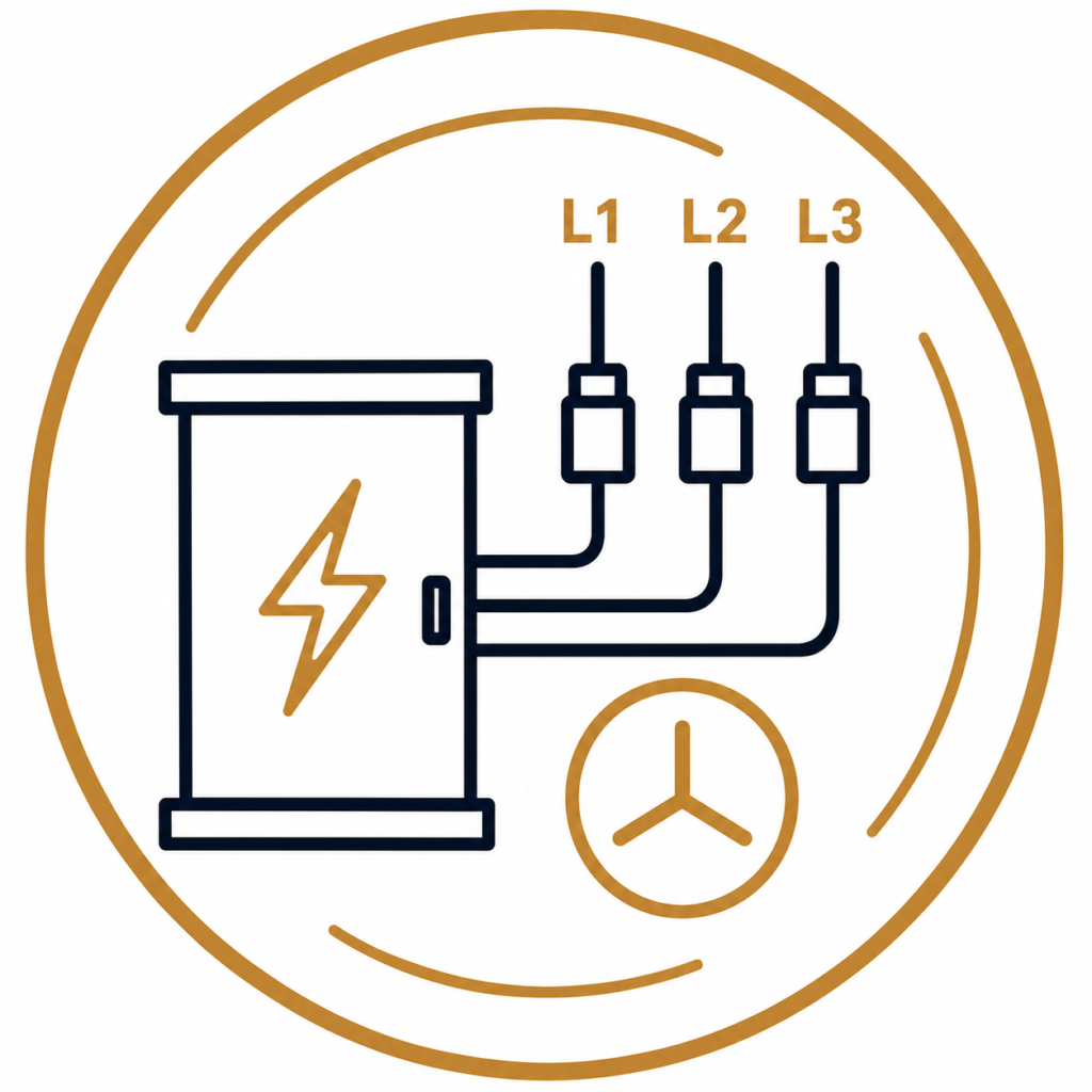 Three-phase power installation icon featuring an electrical distribution panel, L1, L2 and L3 power connections, and a three-phase power symbol, representing commercial three-phase electrical services.