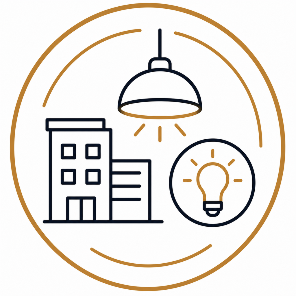 Commercial lighting icon featuring a commercial building, suspended LED light fixture, and illuminated light bulb, representing professional commercial lighting installation and upgrade services.