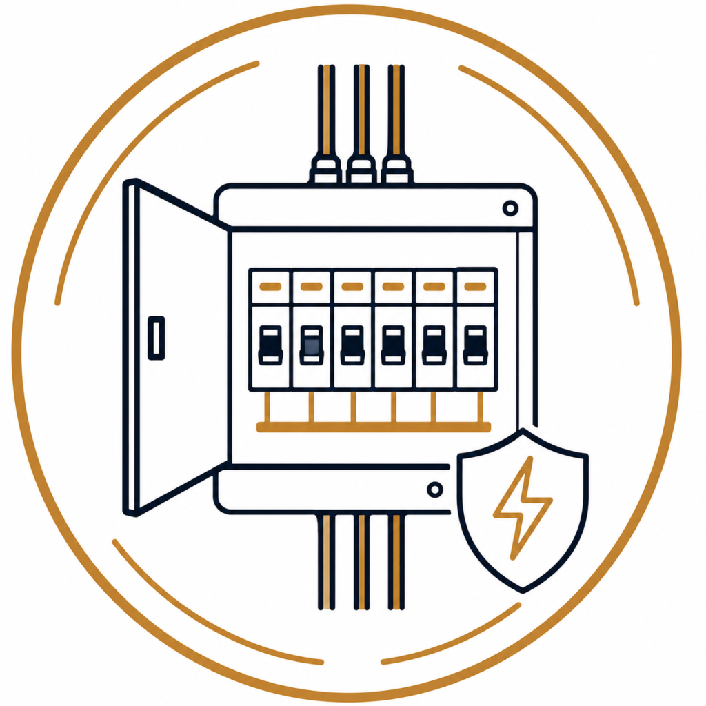 Distribution board icon featuring an electrical consumer unit with circuit breakers, power cables, and safety shield, representing professional distribution board installation and upgrades.