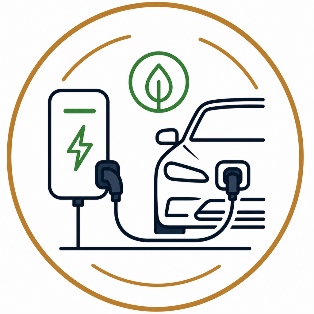 EV charger installation icon featuring an electric vehicle connected to a wall-mounted charging station, representing professional EV charger installation for homes and businesses.
