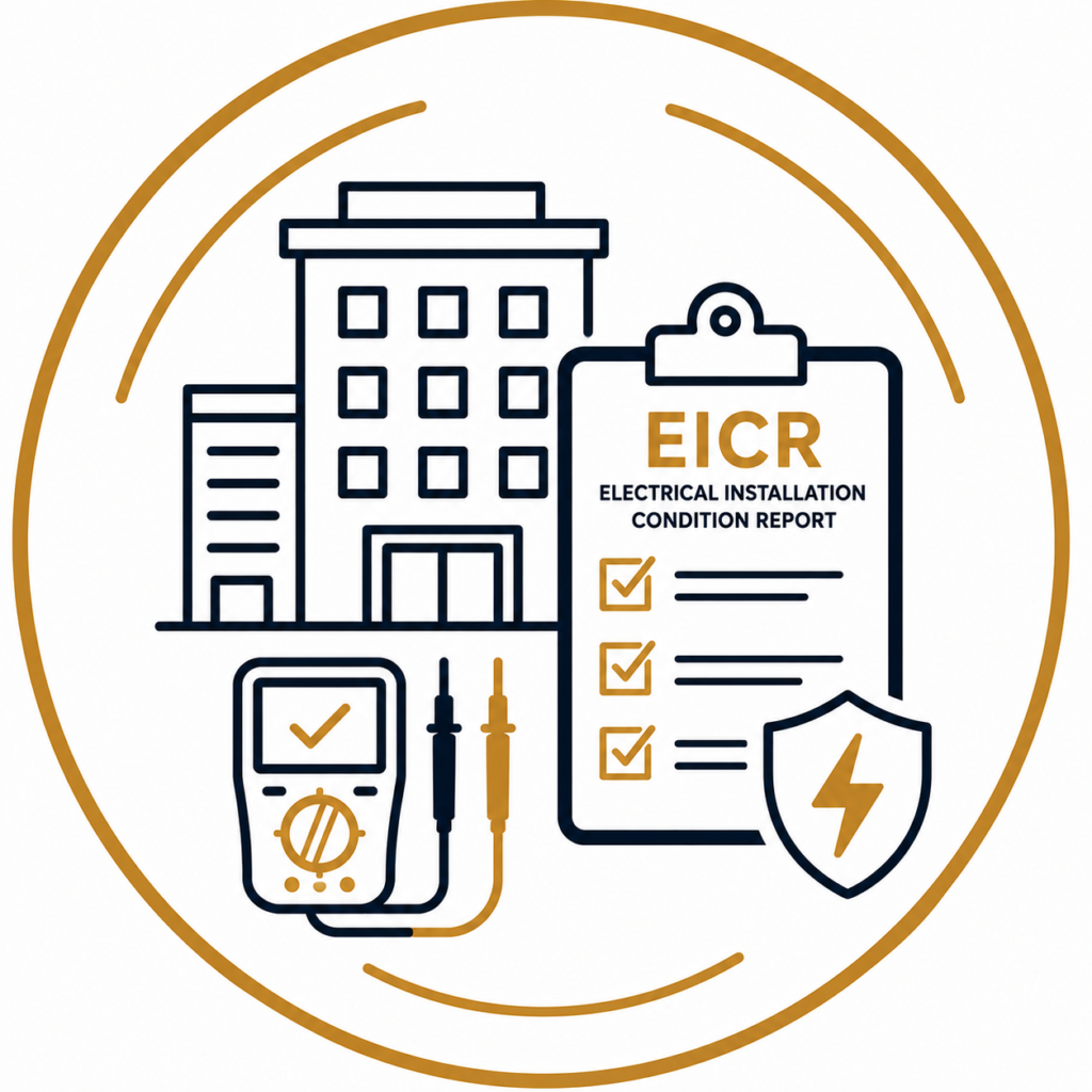 Commercial EICR icon featuring a commercial building, EICR inspection report, digital multimeter, and safety shield, representing professional commercial electrical inspection and testing services.