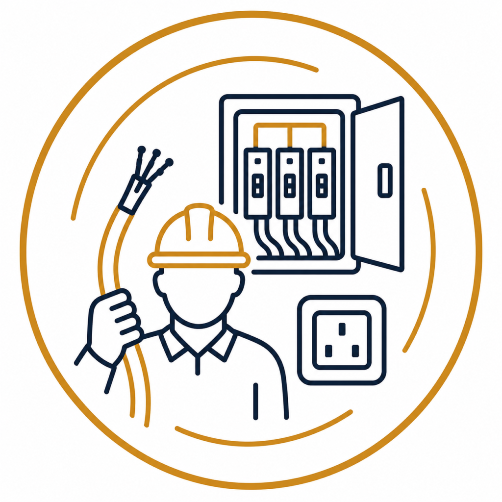 Complete commercial rewiring icon featuring an electrician, distribution board, electrical cable, and socket in a modern navy and gold design.