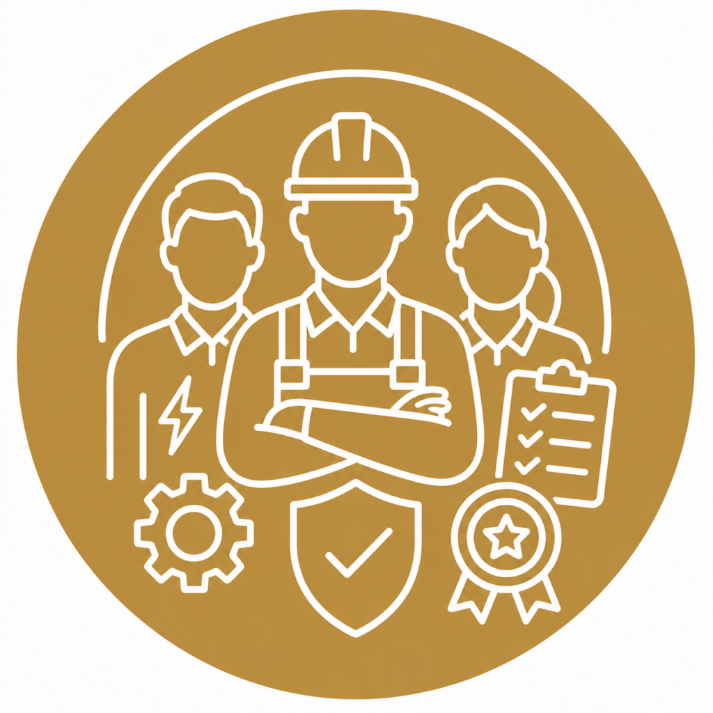 Qualified and experienced electrical team icon featuring certified electricians, safety shield, quality award, and professional expertise in a modern gold and white line-art design.