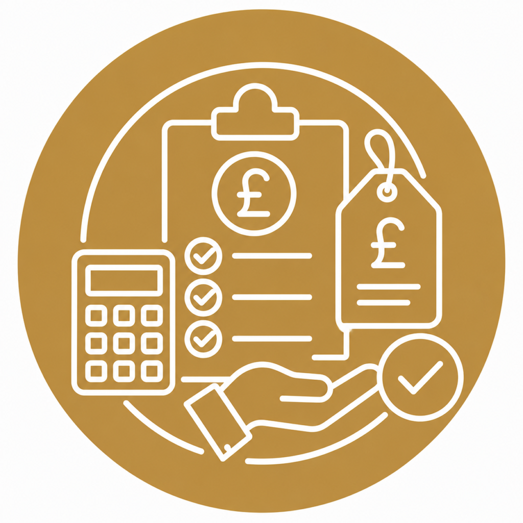 Transparent fixed pricing icon featuring a quotation checklist, price tag, calculator, and approved payment in a modern gold and white line-art design.
