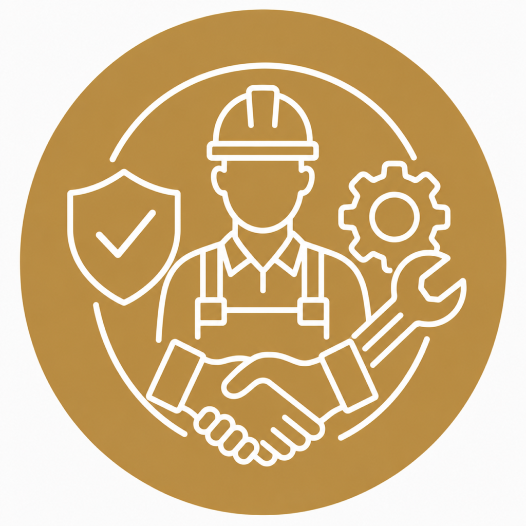 Reliable professional service icon featuring a qualified electrician, handshake, safety shield, and engineering tools in a modern gold and white line-art design.
