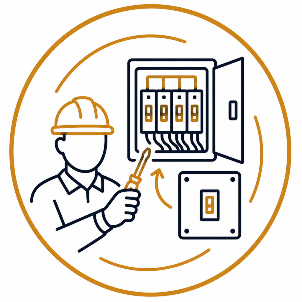 Distribution board replacement icon featuring an electrician upgrading a commercial electrical panel in a modern navy and gold design.