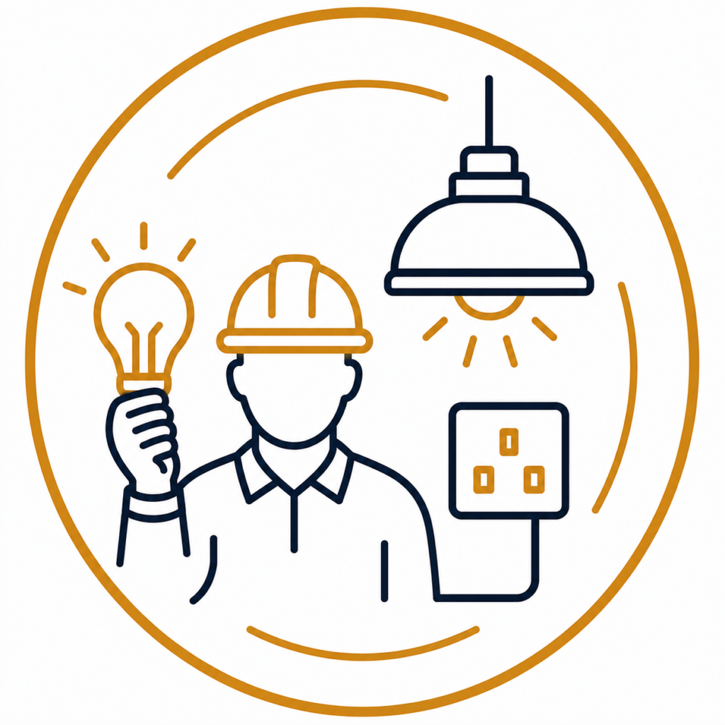 Power and lighting upgrades icon featuring an electrician, LED light, industrial light fitting, and power socket in a modern navy and gold design.