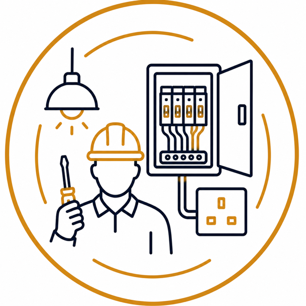 Electrical installation upgrades icon featuring an electrician, distribution board, lighting, and power socket in a modern navy and gold design.