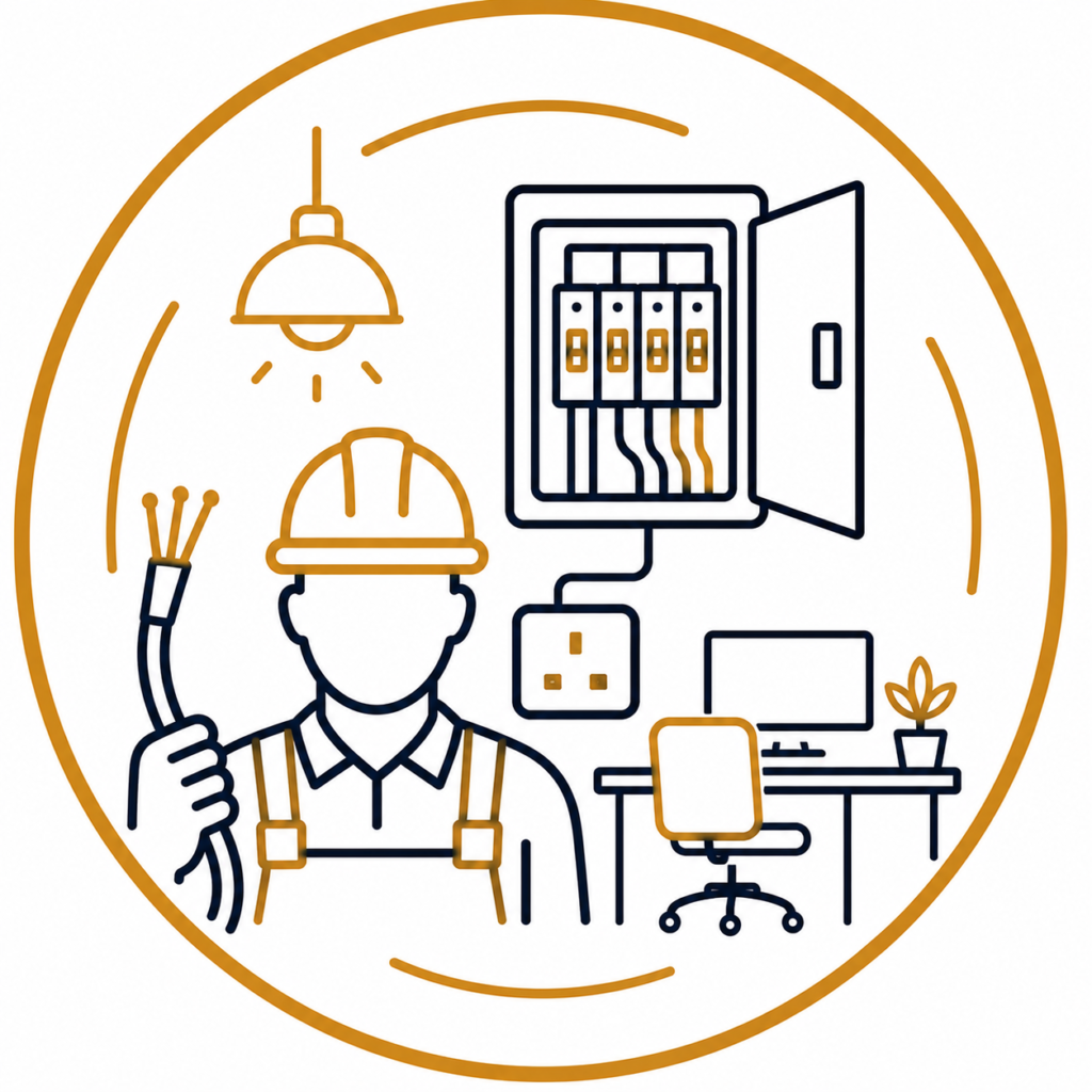 Office and workplace rewiring icon featuring an electrician, office workstation, distribution board, and power socket in a modern navy and gold design.