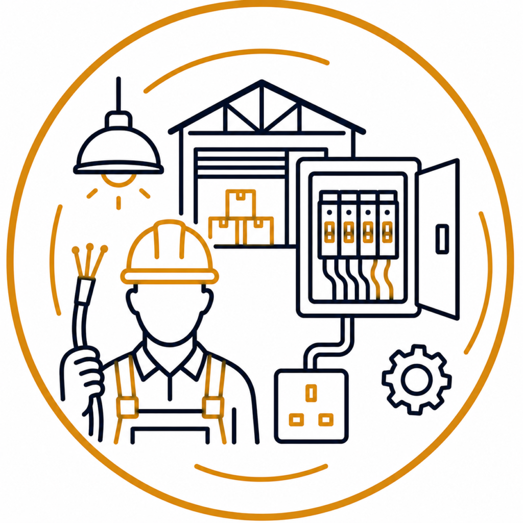 Warehouse and industrial rewiring icon featuring an electrician, warehouse, distribution board, and industrial electrical equipment in a modern navy and gold design.