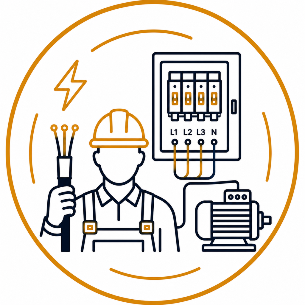 Three-phase power installation icon featuring an electrician, three-phase distribution board, industrial motor, and electrical cable in a modern navy and gold design.