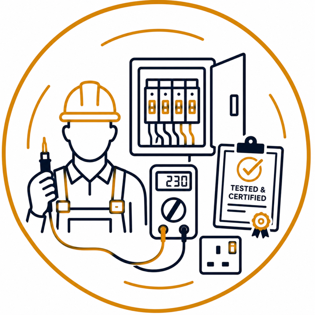 Electrical testing and certification icon featuring an electrician, distribution board, electrical tester, and certification checklist in a modern navy and gold design.