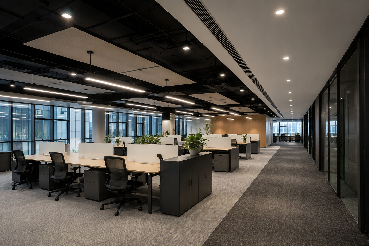 Modern commercial office featuring energy-efficient LED lighting, professionally designed lighting solutions, and a bright, contemporary workspace with uniform illumination for improved productivity and comfort.
