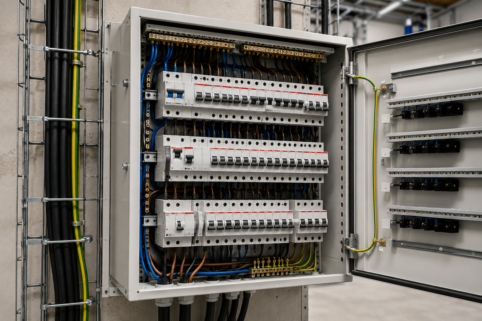 Commercial electrical distribution board with circuit breakers and wiring
