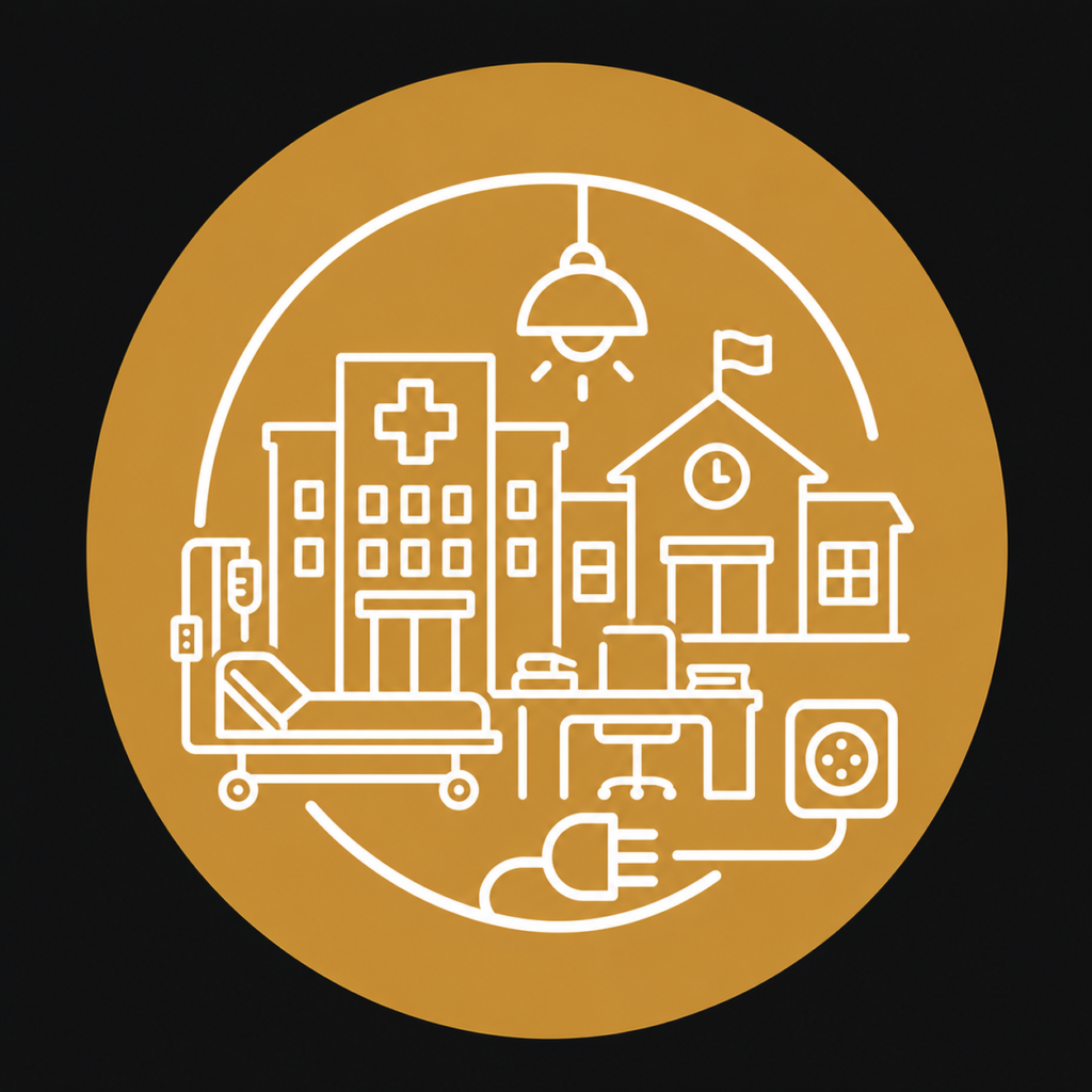Healthcare and education icon representing EICR inspections, electrical safety compliance, and commercial electrical testing for schools, colleges, hospitals, and healthcare facilities.