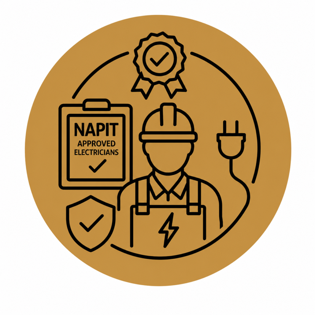 NAPIT Approved Electricians icon featuring a certified electrician, approval certificate, safety shield, quality badge, and electrical plug in a gold and black line-art design.