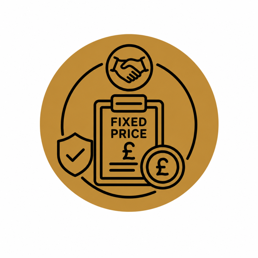Transparent fixed price quotes icon featuring a fixed-price document, handshake, shield, and pound coin in black line art on a gold circular background, representing clear, upfront commercial electrician pricing.
