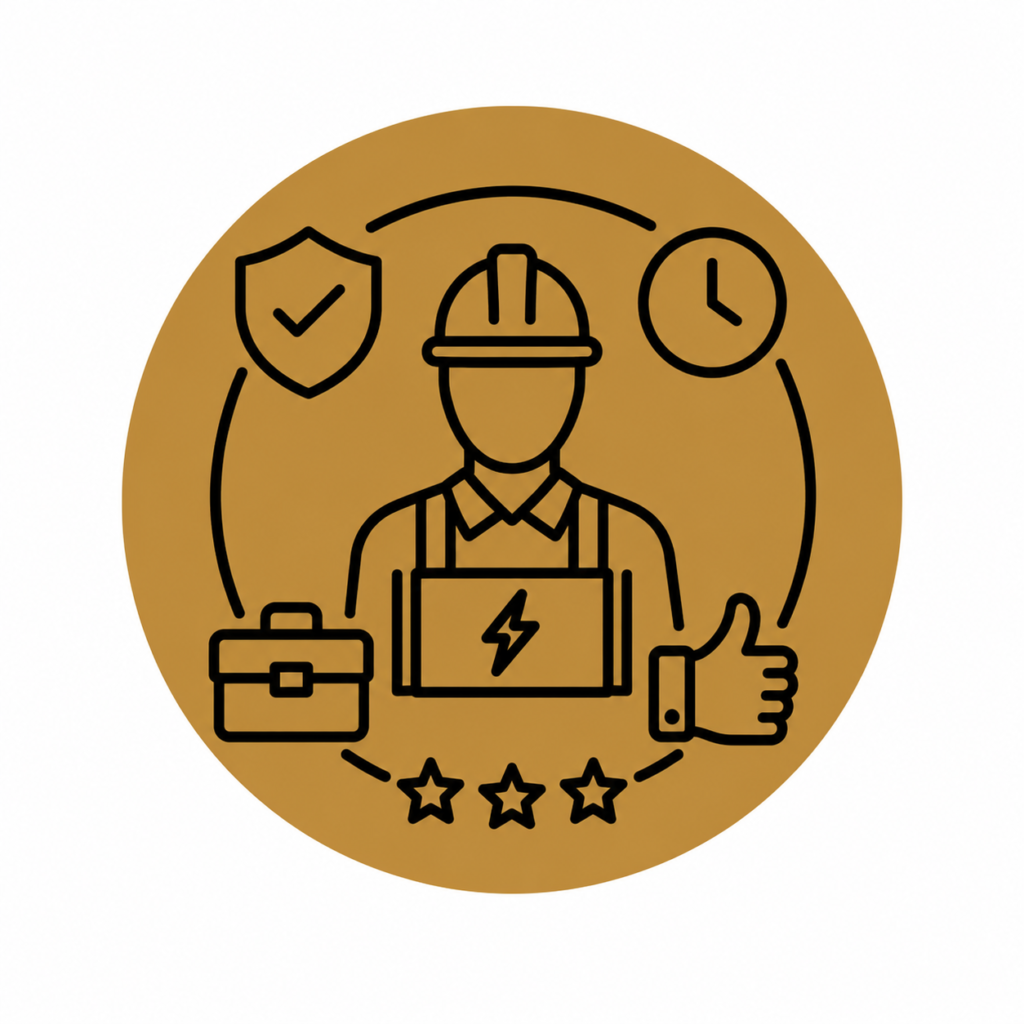 Reliable professional service icon featuring a qualified electrician, shield, clock, toolbox, thumbs-up, and five-star rating in black line art on a gold circular background, representing dependable commercial electrical services.