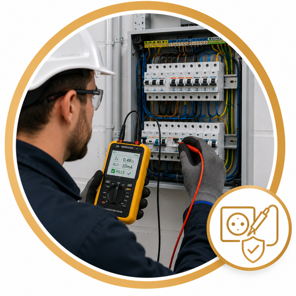 Fixed wire testing showing a qualified electrician inspecting a commercial distribution board with an electrical tester to verify wiring safety and BS 7671 compliance.
