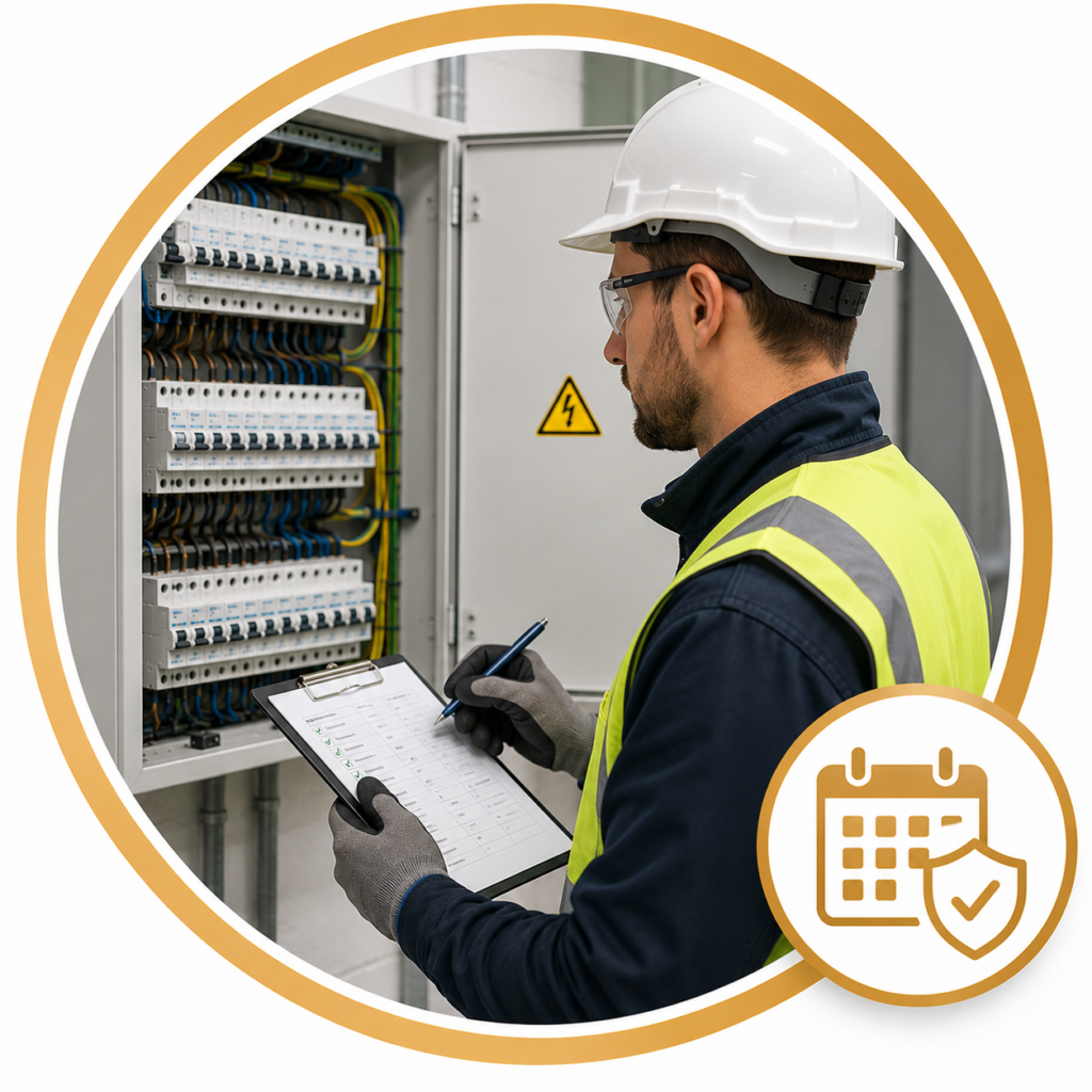 Periodic electrical inspection showing a qualified electrician inspecting a commercial distribution board and completing a safety checklist to ensure ongoing BS 7671 compliance.