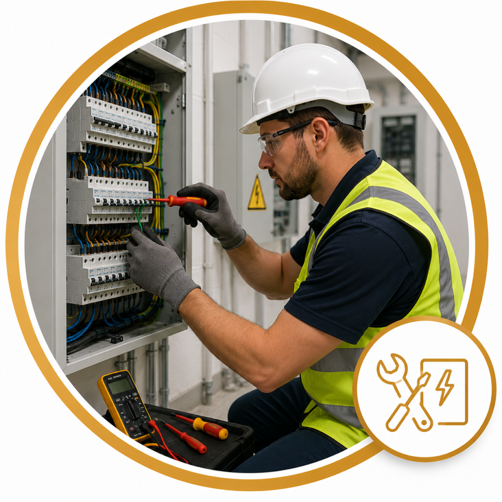 Remedial electrical works showing a qualified electrician repairing a commercial distribution board to resolve electrical faults and restore BS 7671 compliance.