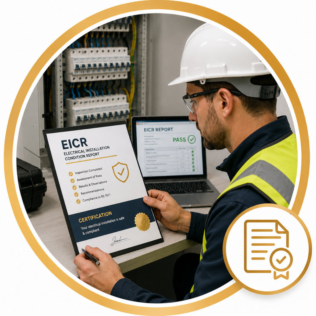 EICR report and certification showing a qualified electrician reviewing a commercial Electrical Installation Condition Report to verify electrical safety and BS 7671 compliance.