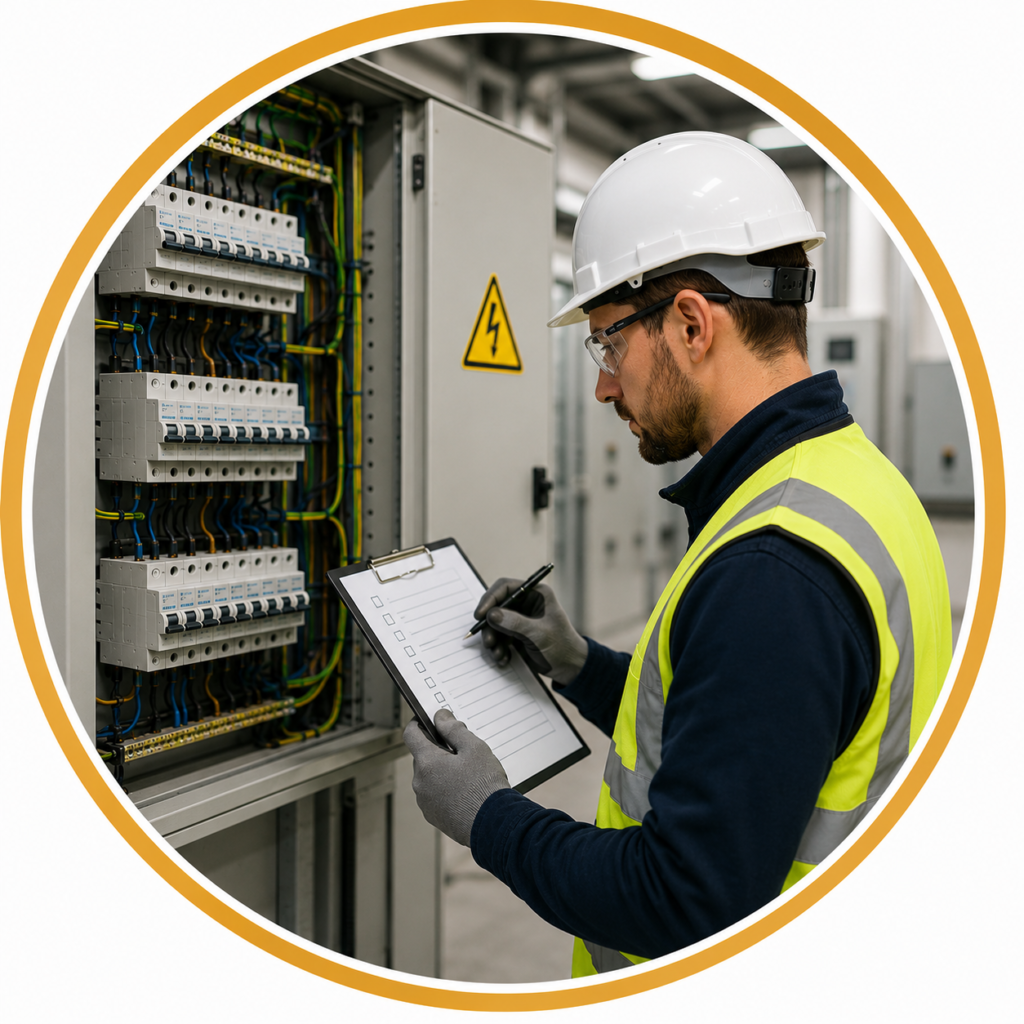 Electrical safety compliance inspection showing a qualified electrician inspecting a commercial distribution board and completing a safety checklist to ensure BS 7671 compliance.
