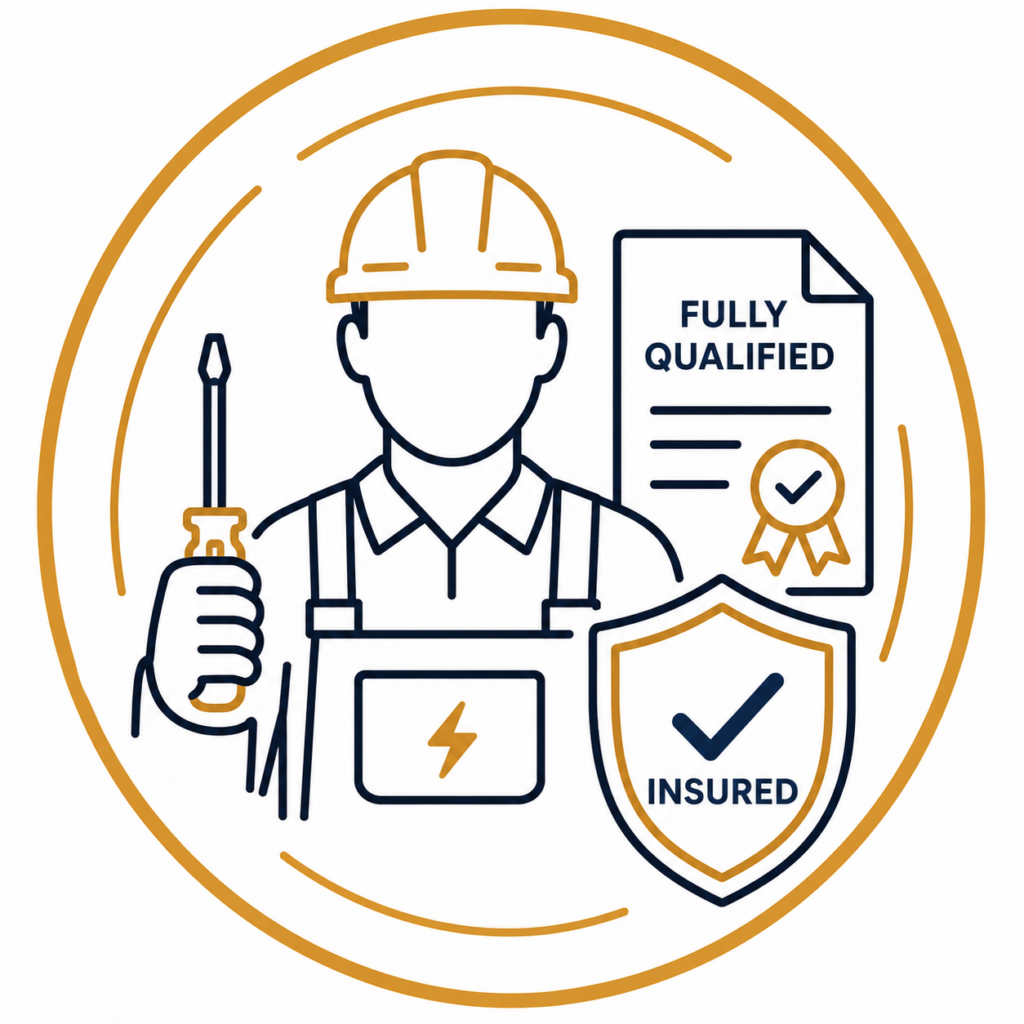 Fully qualified and insured electrician illustration showing a certified electrical contractor with a qualification certificate, insurance shield, and professional tools.