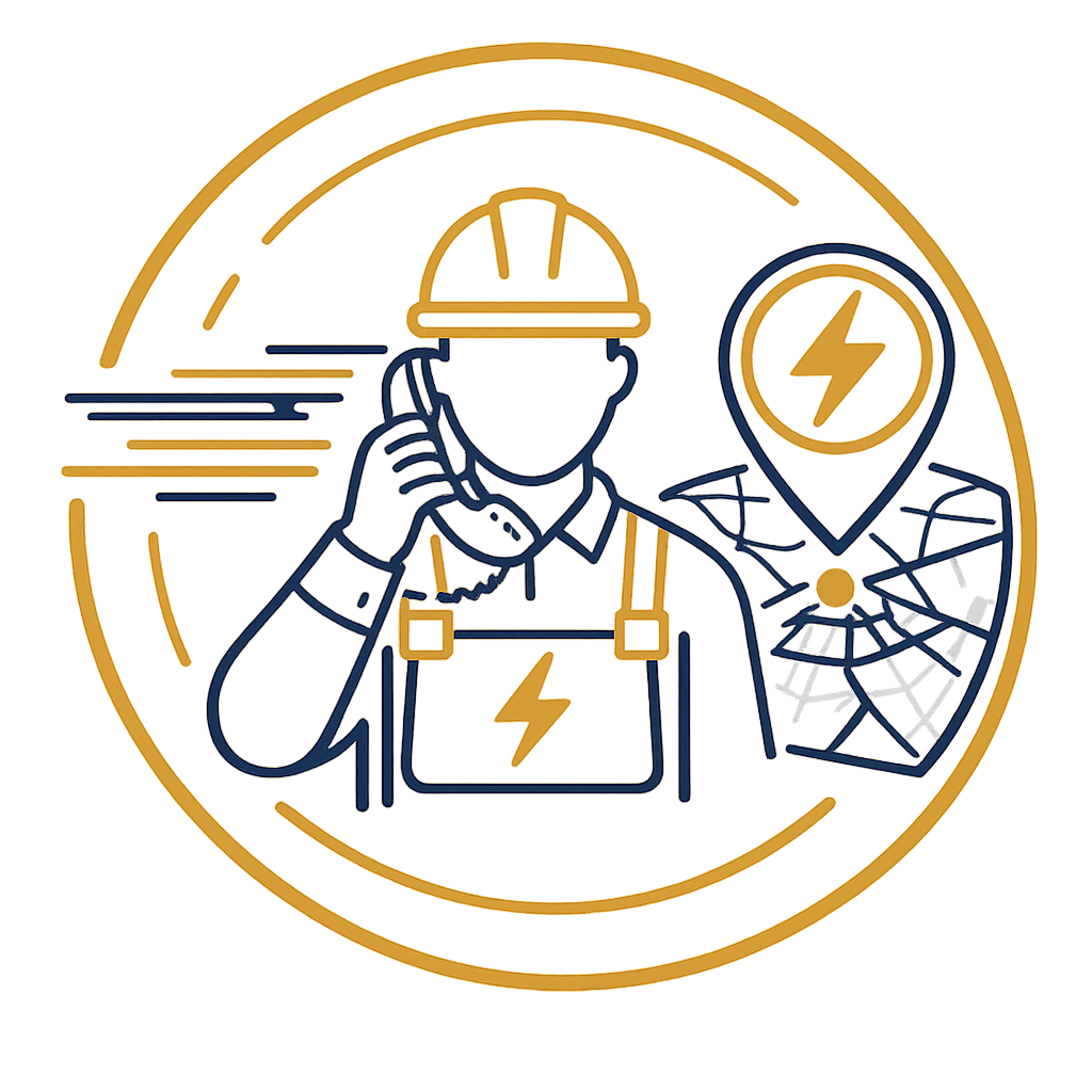 Fast response electrician illustration showing a qualified electrical contractor, location pin, telephone, and route map representing rapid electrical services across Manchester.