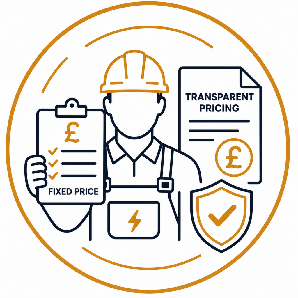 Fixed, transparent pricing illustration showing a qualified electrician with pricing documents, pound symbol, and security shield representing honest electrical quotes with no hidden costs.