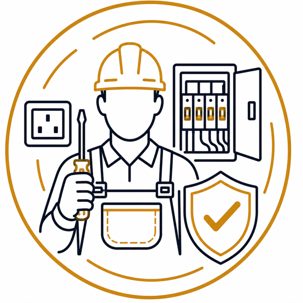 High-quality workmanship illustration showing a professional electrician with electrical tools, consumer unit, and safety shield representing reliable electrical services in Manchester.
