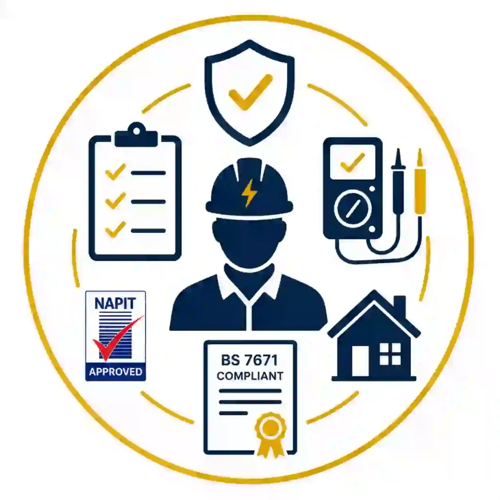 Minimalist vector illustration of a NAPIT Approved Electrical Contractor Manchester, featuring a trusted electrician surrounded by a safety shield, inspection checklist, digital multimeter, BS 7671 compliance certificate, approved contractor badge, and residential property icon within a gold circular border on a white background.