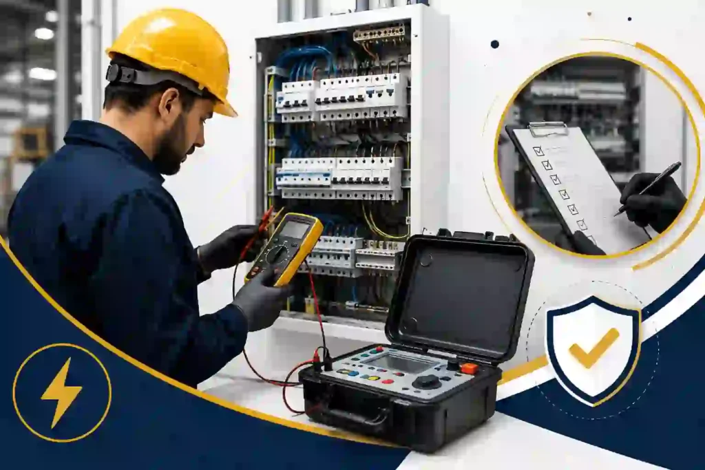 "Professional electrician performing electrical testing and compliance inspection using a digital multimeter and portable electrical tester on an open distribution board in a commercial building, with safety and inspection icons on a clean white background. No text."