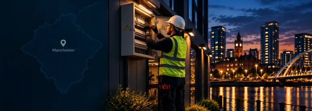 Commercial Electrician Manchester working on a commercial electrical panel in Manchester