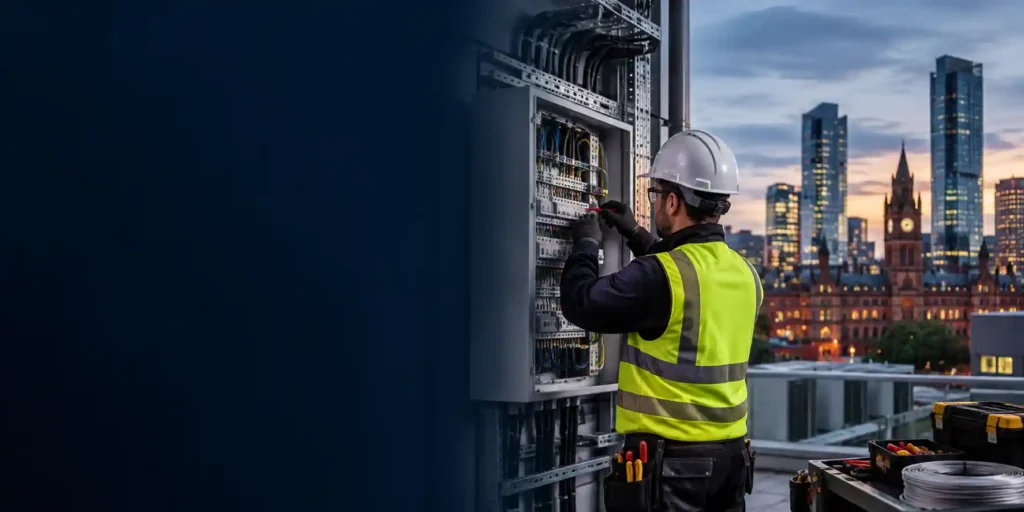 Power Distribution & Consumer Units in Manchester with electrician working on commercial electrical equipment