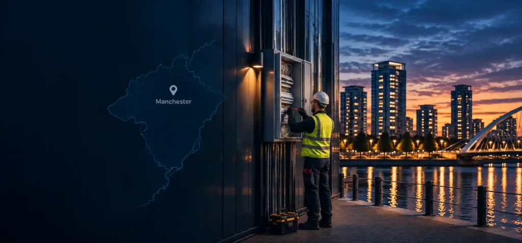 Commercial Electrical Installations in Manchester with electrician working on an electrical panel