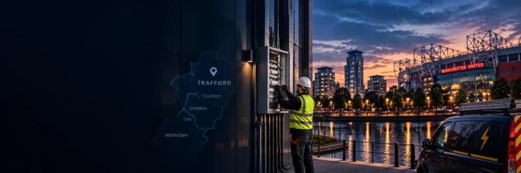 Commercial Electrician Trafford working on a commercial electrical system in Trafford