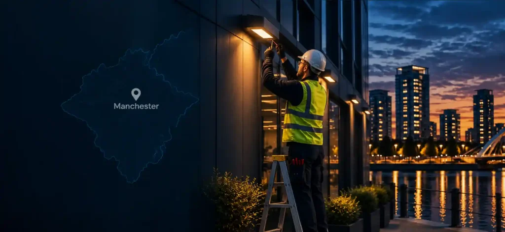 Commercial electrician installing modern LED lighting in a Manchester office with the city skyline visible through the windows.
