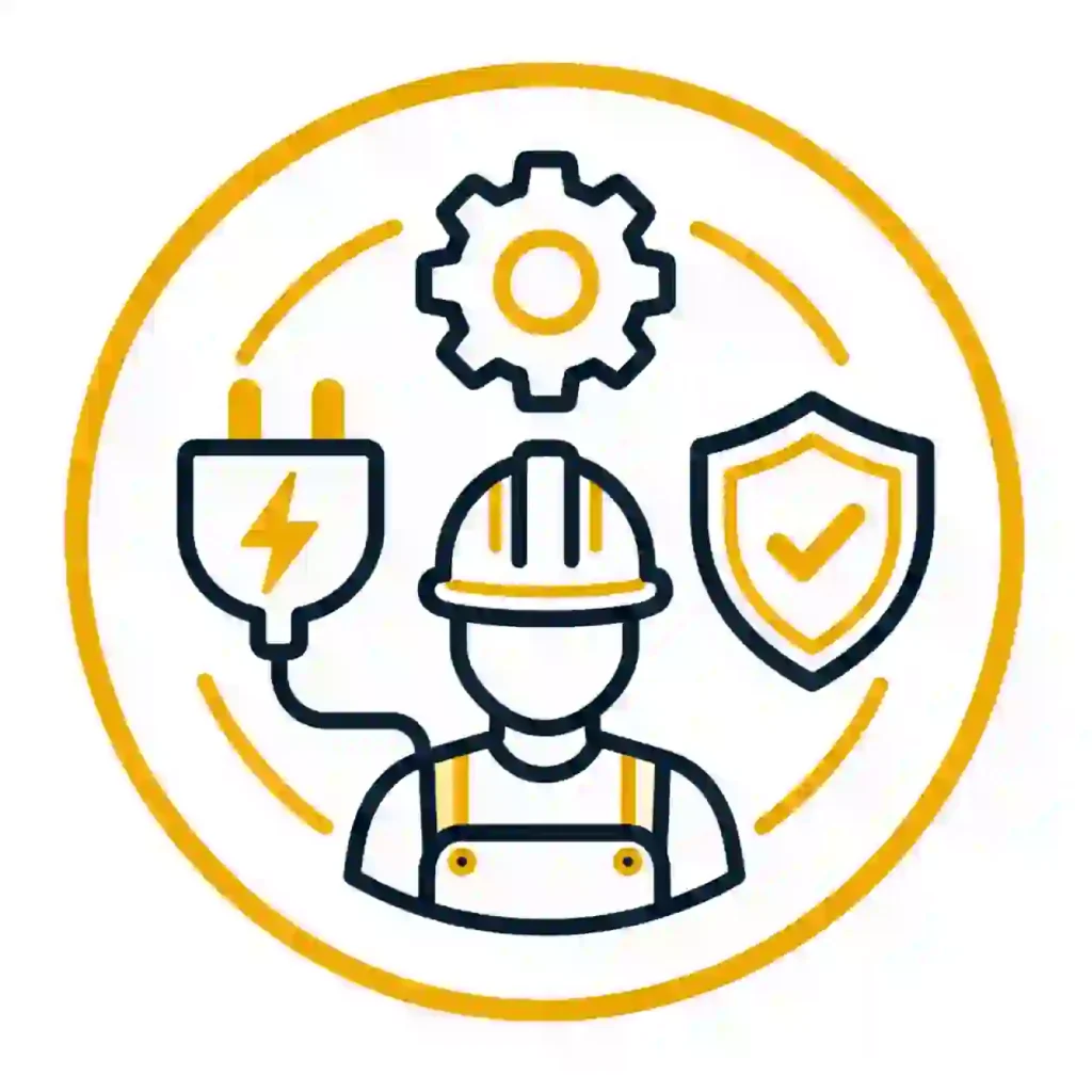 Electrical Installations in Manchester icon representing safety, compliance, and quality workmanship, featuring a hard hat, checklist, shield, and team symbols for trusted commercial electrical services.
