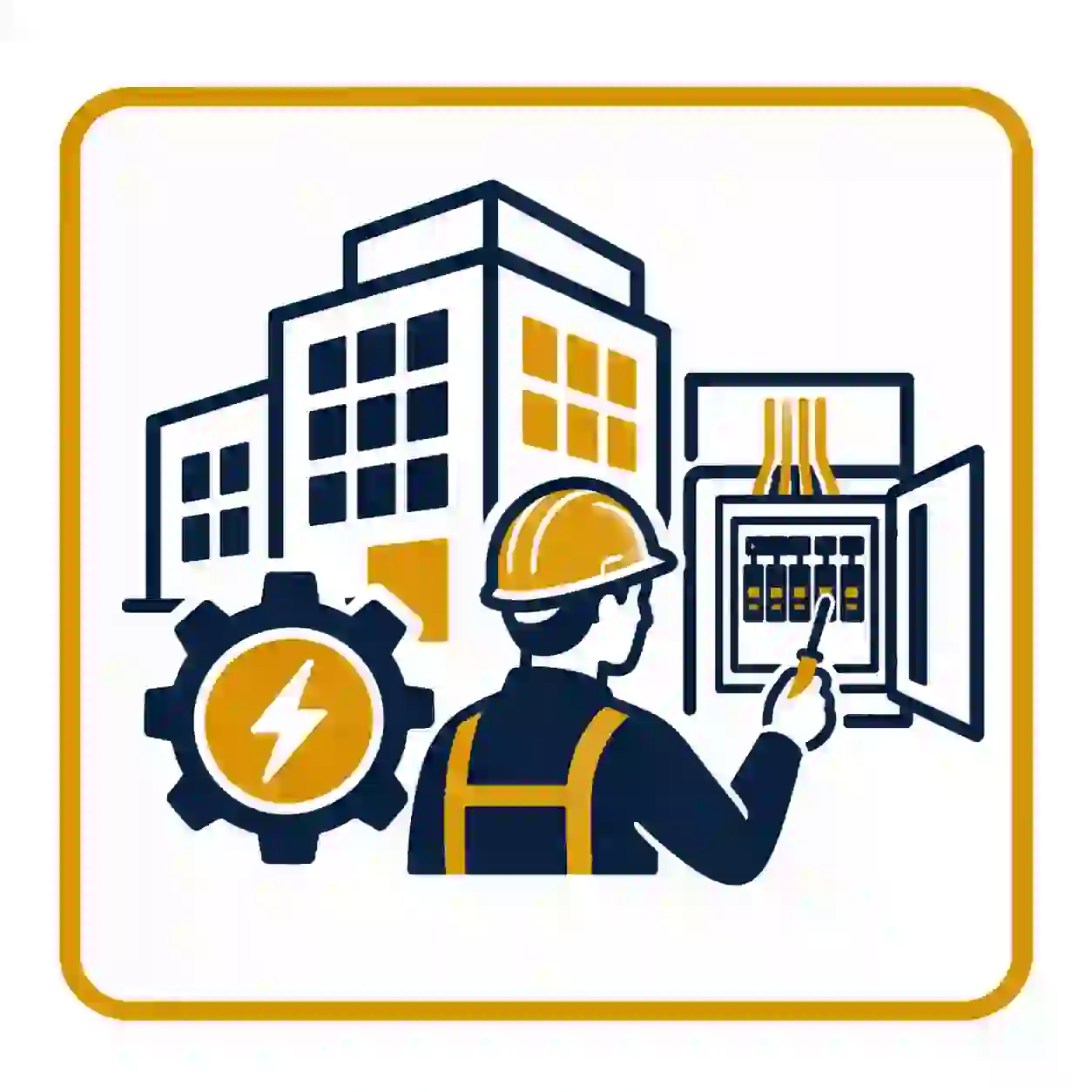 Commercial electrical maintenance Manchester service with a building and electrician icon illustrating reliable electrical systems.