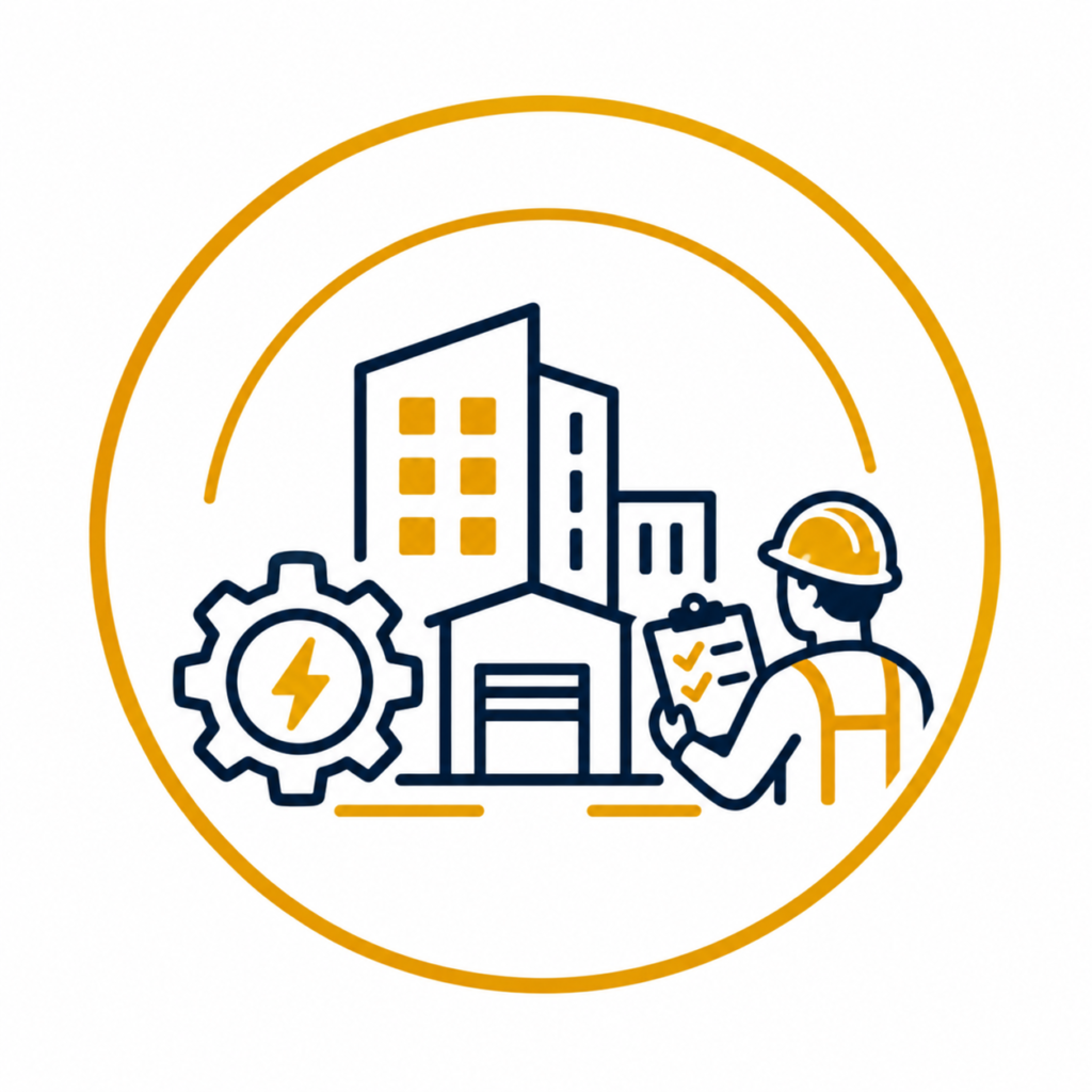 Commercial electrical maintenance Manchester services for businesses with an electrical maintenance building icon.