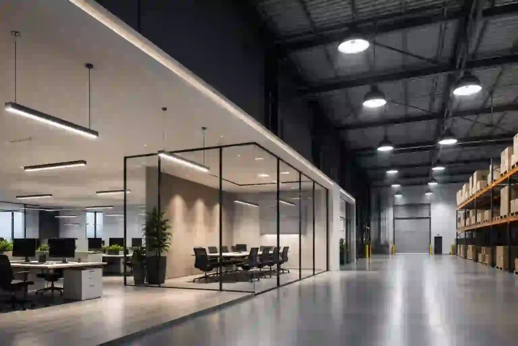 Commercial lighting solutions in a modern office and warehouse with energy-efficient LED lighting installed by commercial electricians in Manchester.