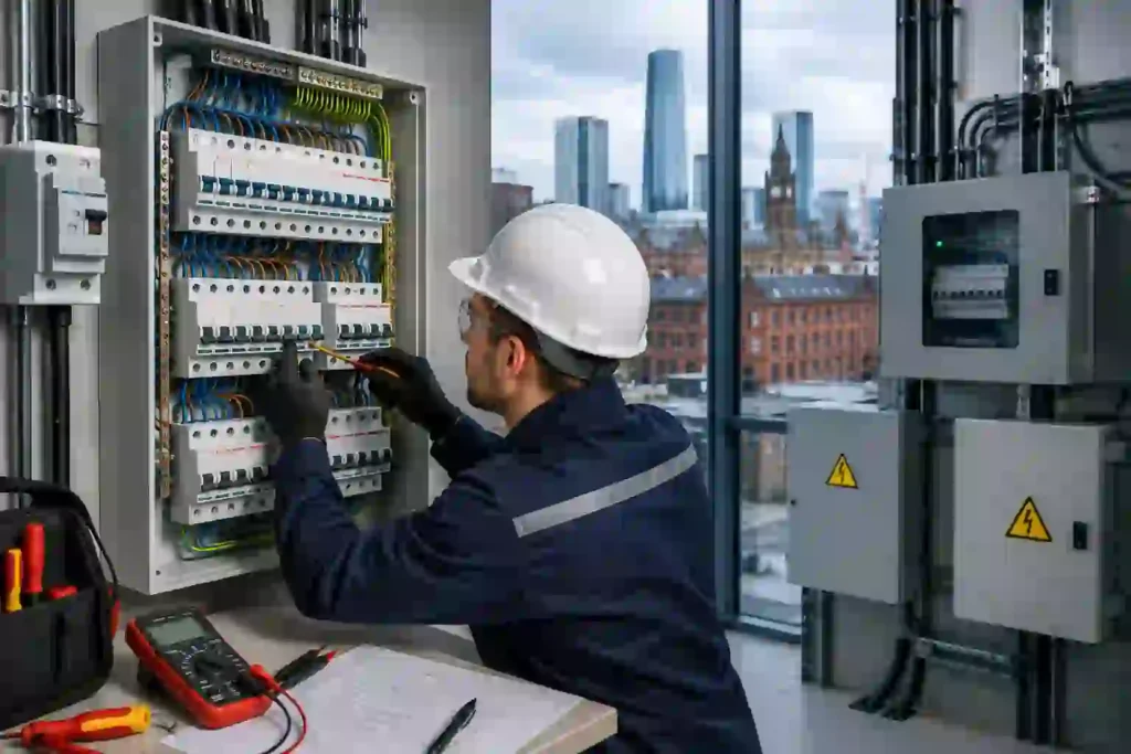 Commercial electrician installing and testing power distribution and consumer units in a modern commercial building in Manchester.