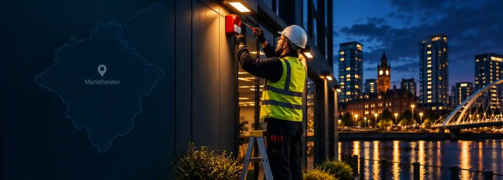 Fire Alarm Installation Manchester technician installing a commercial fire alarm system